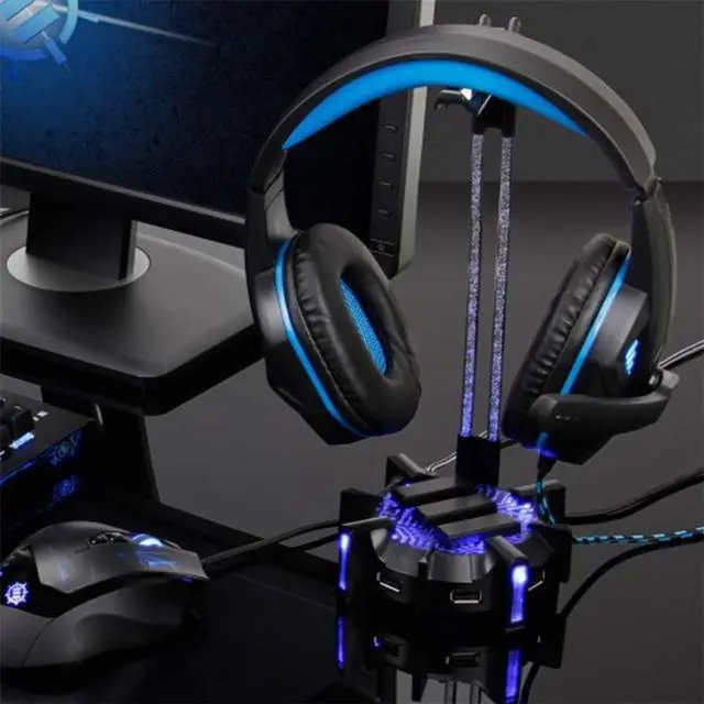 Alt view image 4 of 12 - ENHANCE Gaming Headset Stand Headphone Holder with 4 Port USB Hub, Customizable LED Lighting, Flexible Acrylic Neck - Universal Hanger with Weighted Base for Desktop Audio Organization