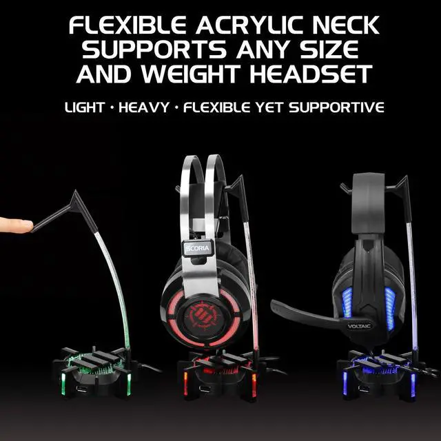 Alt view image 6 of 12 - ENHANCE Gaming Headset Stand Headphone Holder with 4 Port USB Hub, Customizable LED Lighting, Flexible Acrylic Neck - Universal Hanger with Weighted Base for Desktop Audio Organization