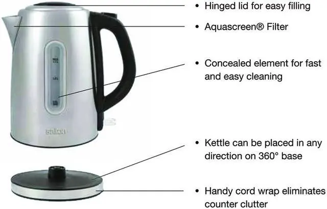 Alt view image 3 of 3 - Salton JK1903 Cordless Electric Kettle Stainless Steel