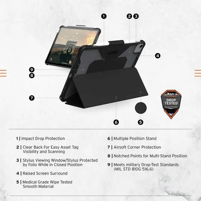 Alt view image 2 of 11 - UAG iPad Air 10.9-inch (5th Gen, 2022) Case Rugged Translucent Featherlight Multi-Angle Viewing Folio Stand with Pencil Holder Plyo Protective Cover, Black/Ice