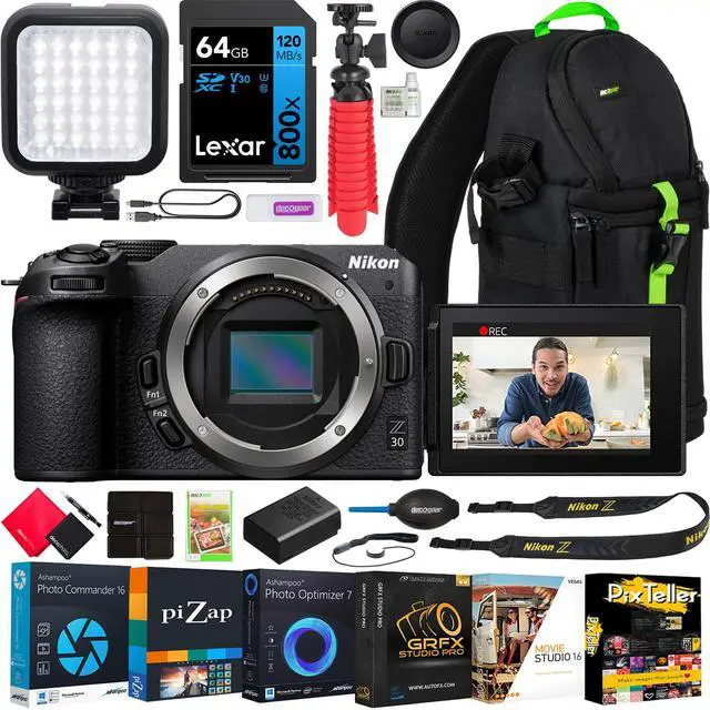 Main image of Nikon Z 30 Mirrorless Camera 4K DX Body Kit + Deco Gear Backpack +LED Accessory Bundle