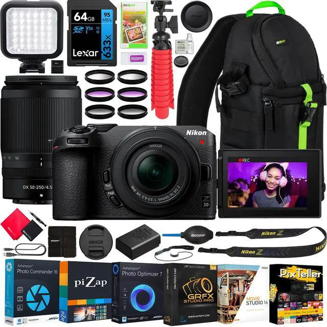 Main image of Nikon Z30 Mirrorless Camera with 2 Lens Kit NIKKOR Z DX 16-50mm VR +50-250mm VR Bundle