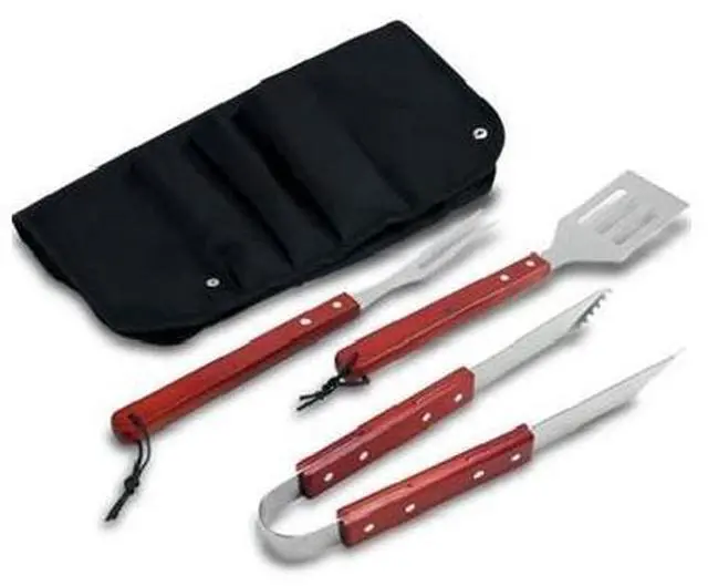 Alt view image 2 of 2 - deco chef 5 piece bbq tool set, custom blue apron, stainless steel grilling utensils - spatula, fork, tongs, and oven mitt