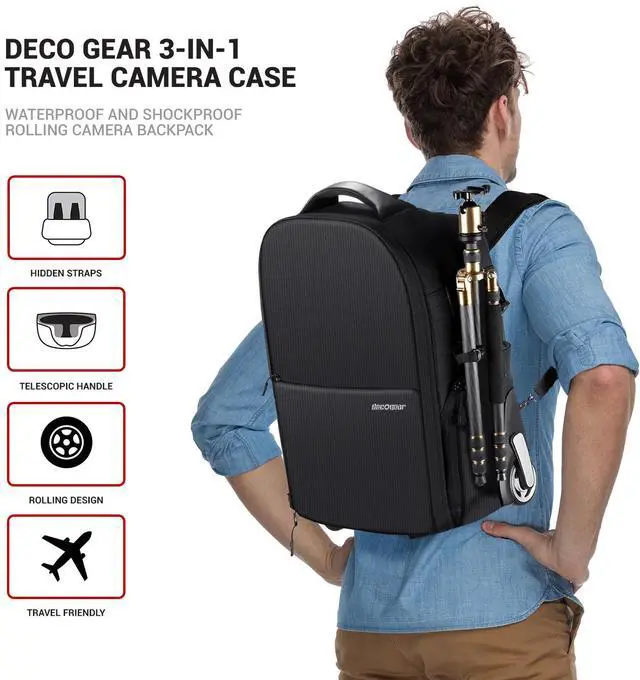 Alt view image 4 of 8 - deco gear 3-in-1 travel camera case - waterproof and shockproof rolling camera backpack - three methods of transport - wheeled trolley, backpack, carry on bag
