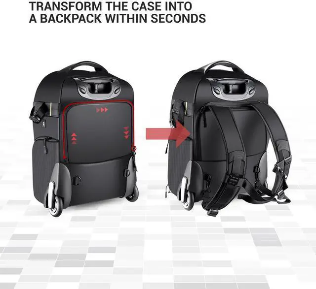 Alt view image 8 of 8 - deco gear 3-in-1 travel camera case - waterproof and shockproof rolling camera backpack - three methods of transport - wheeled trolley, backpack, carry on bag