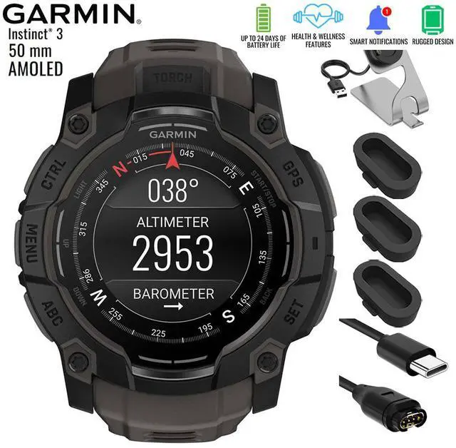 Main image of Garmin 3 - 50 mm GPS Smartwatch AMOLED Neo Tropic with Charging Dock Bundle