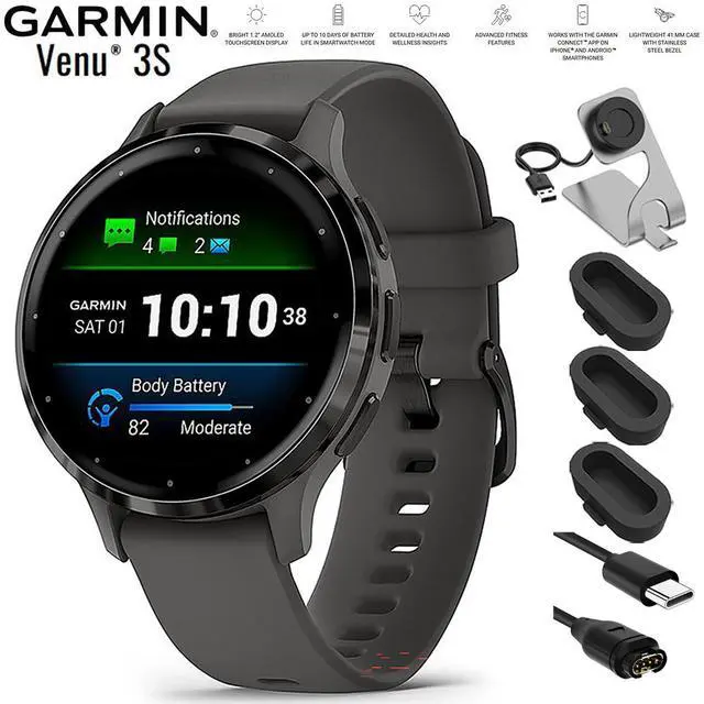 Main image of Garmin Venu 3S GPS Fitness Smartwatch Steel with Gray Case 41mm+Charging Bundle