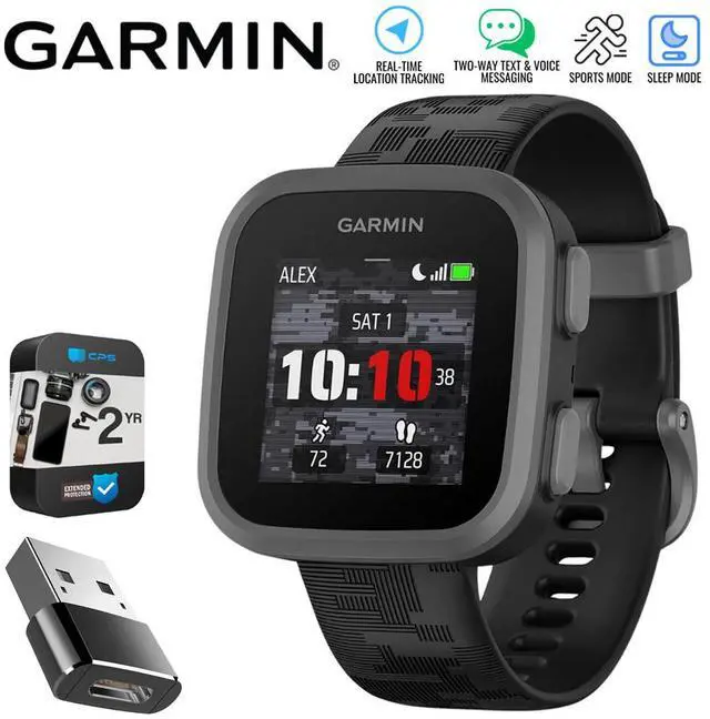 Main image of Garmin Bounce Kids Smartwatch, Black Camo w/ Converter Adapter + 2 Yr Warranty Bundle