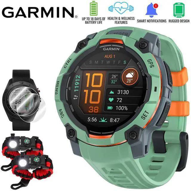 Main image of Garmin Instinct 3 45mm GPS Smartwatch, Neo Tropic w/Neo Tropic Band +Accessories Bundle