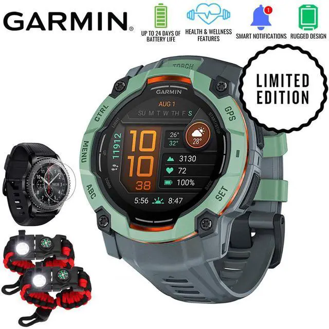 Main image of Garmin Instinct 3 50mm GPS Smartwatch, Neo Tropic w/ Twilight Band + Accessories Bundle