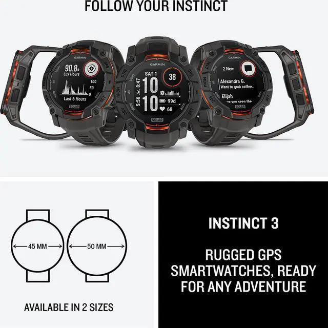 Alt view image 5 of 7 - Garmin Instinct 3 50 mm GPS Smartwatch SOLAR Black with Accessories Bundle