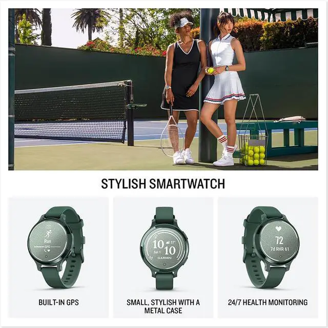 Alt view image 6 of 7 - Garmin Lily 2 Active Smartwatch Green with Green Silicone Band + Towel and Light