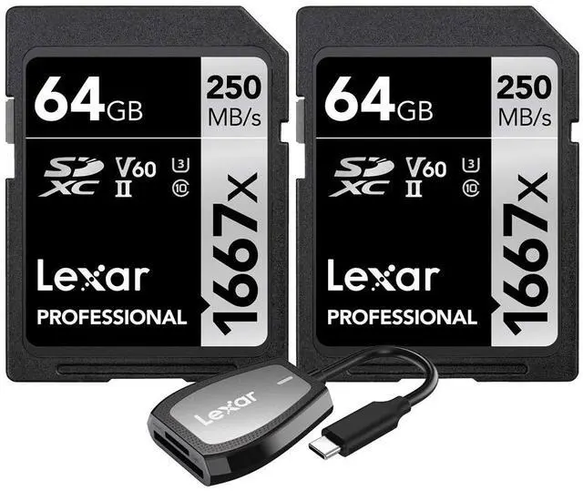 Main image of Lexar Professional 1667x 64GB SDXC UHS-II Memory Card 2-Pack + USB-C Dual-Slot Reader