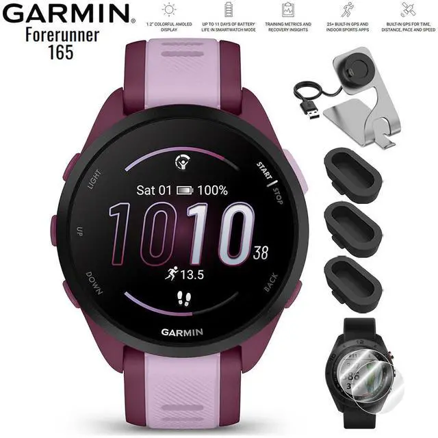 Main image of Garmin Forerunner 165 Music Smart Sport Watch Berry + Lilac with Charging Bundle