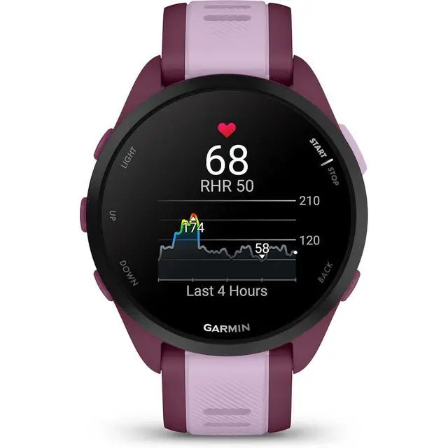 Alt view image 2 of 7 - Garmin Forerunner 165 Music Smart Sport Watch Berry + Lilac with Charging Bundle