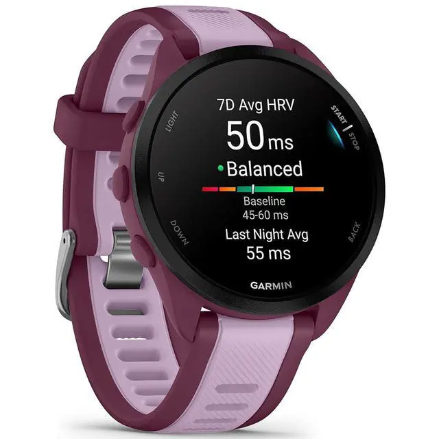 Alt view image 7 of 7 - Garmin Forerunner 165 Music Smart Sport Watch Berry + Lilac with Charging Bundle