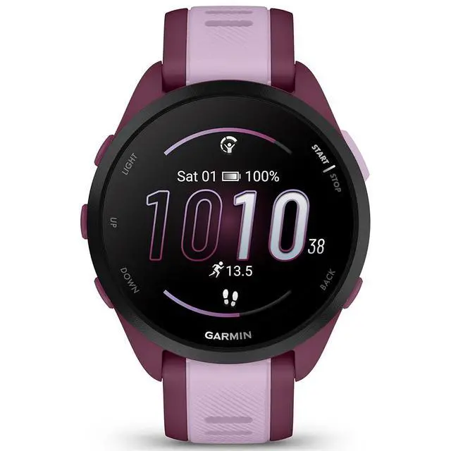 Alt view image 6 of 7 - Garmin Forerunner 165 Music Smart Sport Watch Berry + Lilac with Charging Bundle