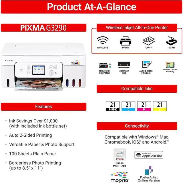 Alt view image 4 of 7 - Canon PIXMA G3290 Wireless MegaTank All-In-One Inkjet Printer, Copy, Scanner Bundle
