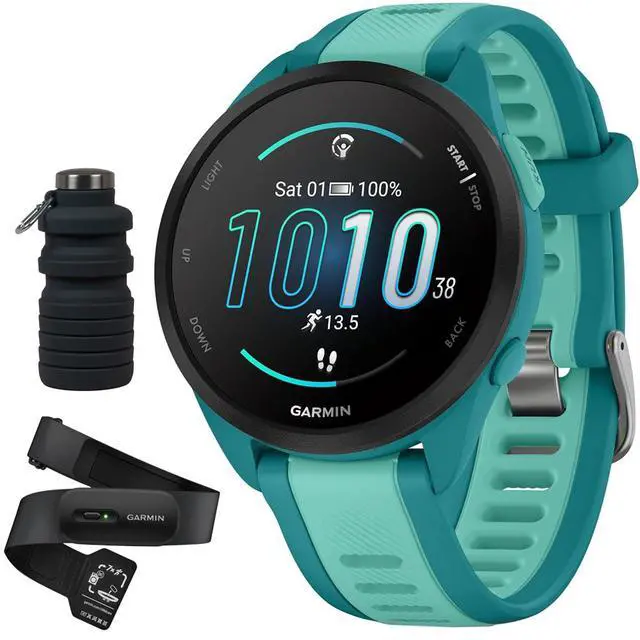 Alt view image 3 of 7 - Garmin Forerunner 165 Music Smart Sport Watch, Turquoise +Aqua w/ HRM 200 (XS-S) Bundle