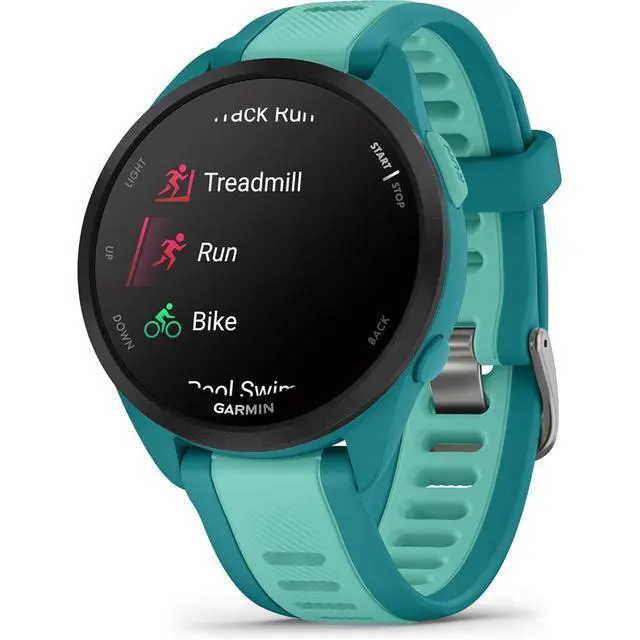 Alt view image 5 of 7 - Garmin Forerunner 165 Music Smart Sport Watch, Turquoise +Aqua w/ HRM 200 (XS-S) Bundle