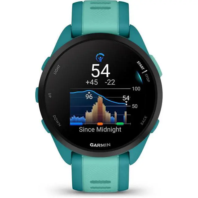 Alt view image 7 of 7 - Garmin Forerunner 165 Music Smart Sport Watch, Turquoise +Aqua w/ HRM 200 (XS-S) Bundle