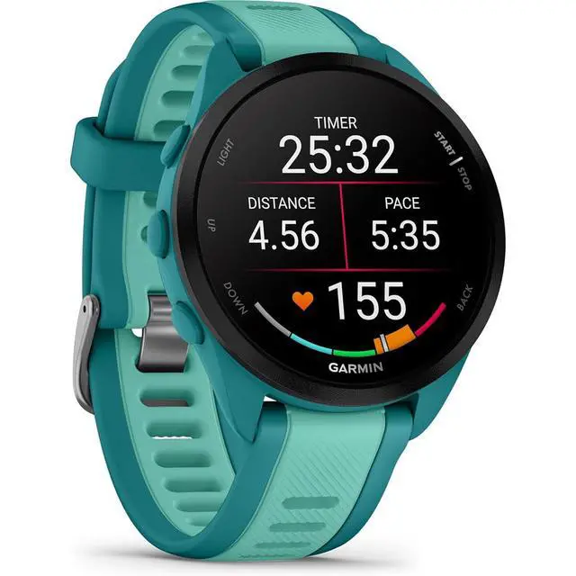 Alt view image 6 of 7 - Garmin Forerunner 165 Music Smart Sport Watch, Turquoise +Aqua w/ HRM 200 (XS-S) Bundle