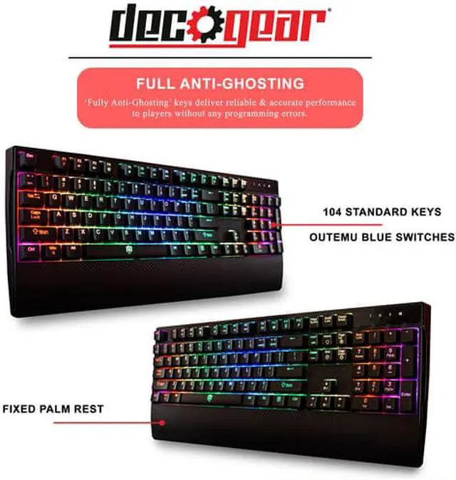 Alt view image 2 of 9 - Deco Gear Mechanical Gaming Keyboard | Anti-Ghosting | Ergonomic Fixed Palm Rest | Full Customizable RGB Backlit | Carbon Fiber Design | Outemu Blue Switch | Wired | Black