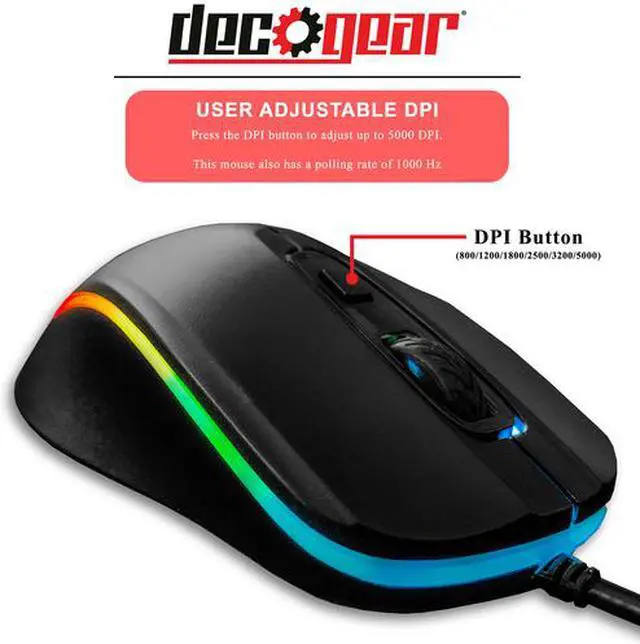 Alt view image 5 of 6 - Deco Gear Wired Gaming Mouse | 800-5000 Adjustable DPI | High Precision Optical Mouse | Ergonomic for All Gaming Grips | 11 RGB Backlit Modes | 6 Buttons