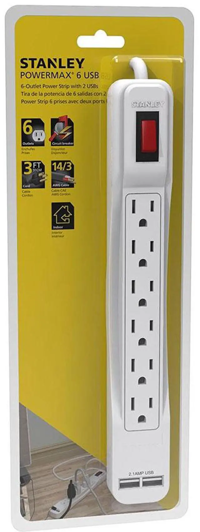 Alt view image 5 of 5 - Stanley 30024 PowerMax USB, 6-Outlet Power Strip with 2 USB Ports (2.1A Total)