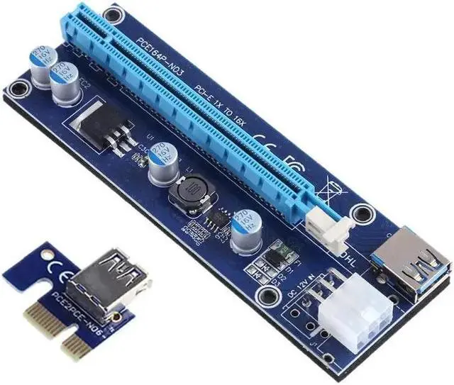 Alt view image 3 of 6 - Riser Card PCI-E Express Riser Card 1x to 16x Video Card Extender Cable Adapter With 6Pin Power Cable for Bitcoin Mining