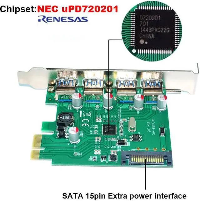 Alt view image 3 of 3 - Amify 4 Port PCIE PCI-e to USB 3.0 Expansion Card - USB 3.0 Hub Controller PCI Express Card Adapter w/ Extra SATA 15 pin Power