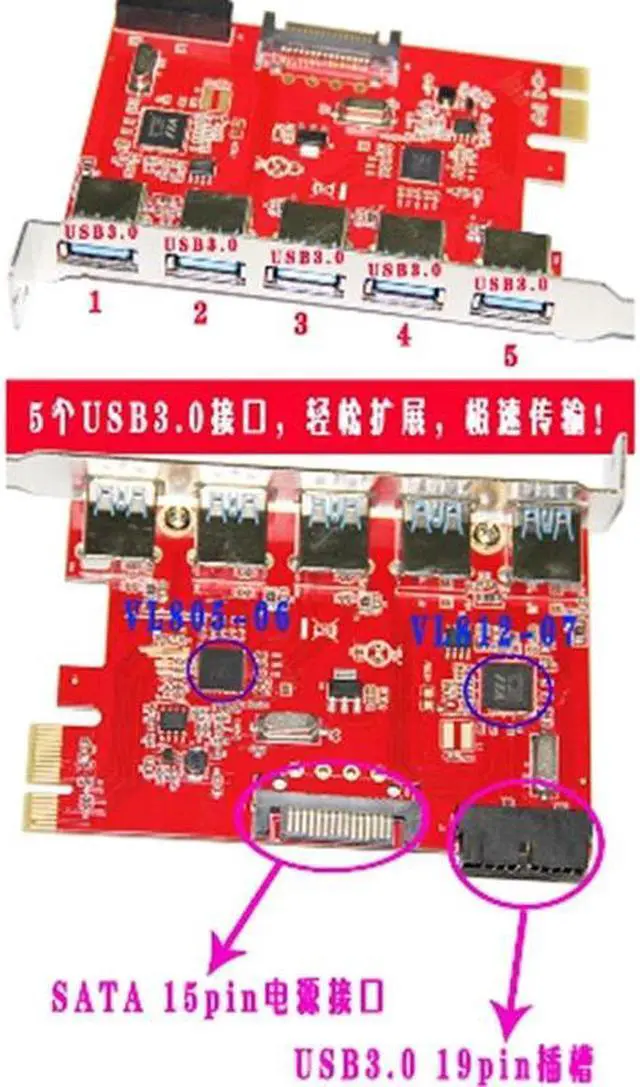 Alt view image 6 of 6 - Desktop PCI-E to 5-Port USB 3.0 + 20 PIN Expansion Card