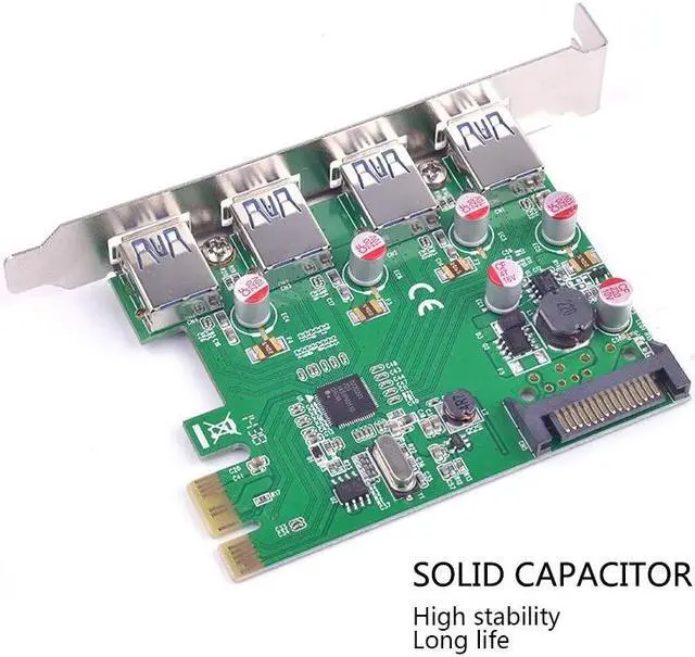 Alt view image 4 of 6 - Amify PCI express PCI-e 4 ports USB 3.0 expansion Card Solid capacitor Self restoring fuse Renesas Chip