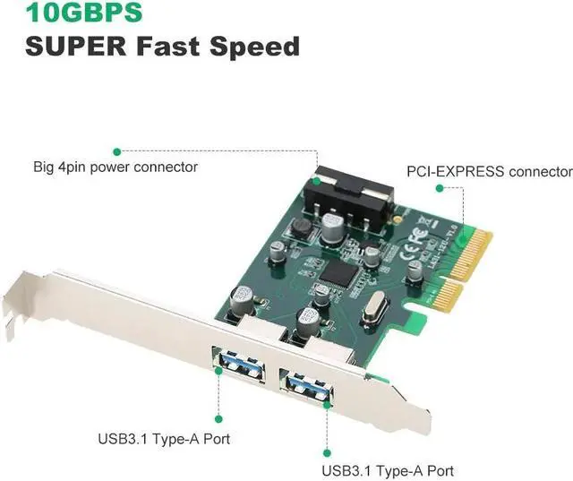 Alt view image 3 of 6 - Amify PCI-E to 2-Port USB3.1 Type A PCI Express Expansion Card USB 3.1 Hub Controller Adapter Superspeed 10 Gbps Big 4Pin Power