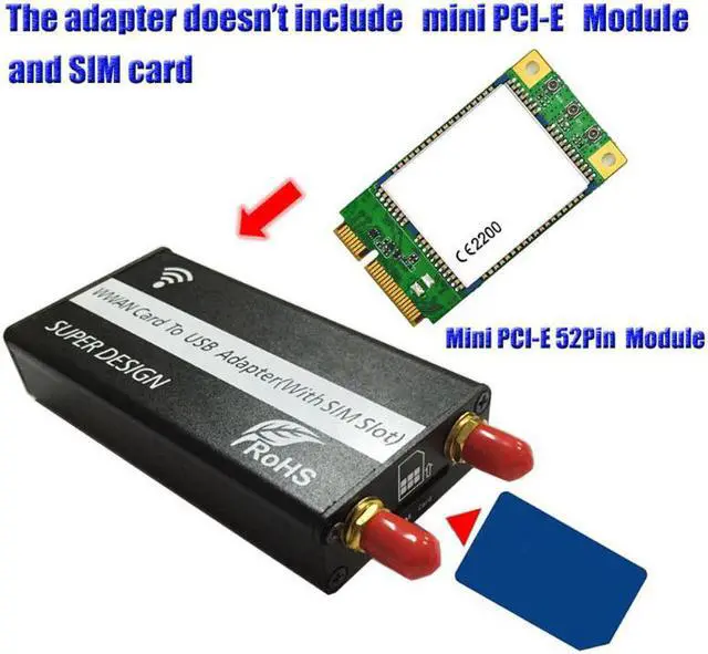 Alt view image 2 of 6 - PCI-E Mini PCI-Express to USB Adapter with SIM Card Slot for WWAN/LTE Module with USB Cable and Antennas 1 Set Black