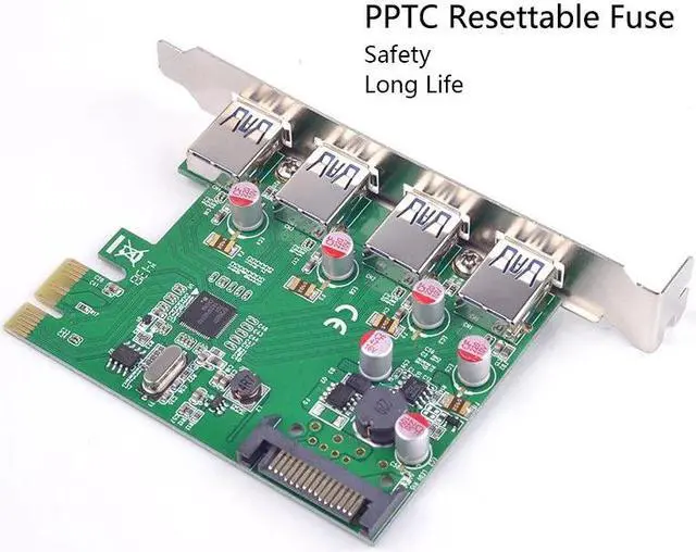 Alt view image 2 of 6 - Amify PCI express PCI-e 4 ports USB 3.0 expansion Card Solid capacitor Self restoring fuse Renesas Chip