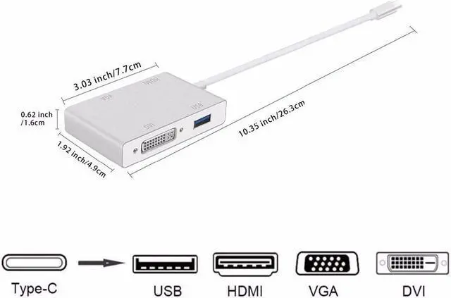 Alt view image 3 of 5 - 4 in 1 USB 3.1 USB C Type C to VGA DVI USB 3.0 Adapter Cable for Laptop Apple Macbook Google Chromebook Pixel