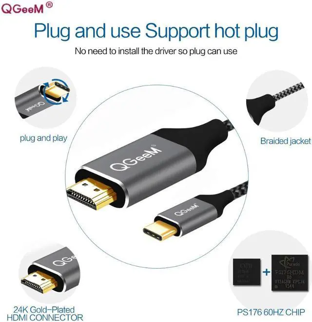 Alt view image 2 of 6 - QGeeM USB C to HDMI 4K Cable adapter Thunderbolt 3 Compatible for huawei mate 20 macBook pro 2018 ipad pro galaxy S9 HDMI USB-C