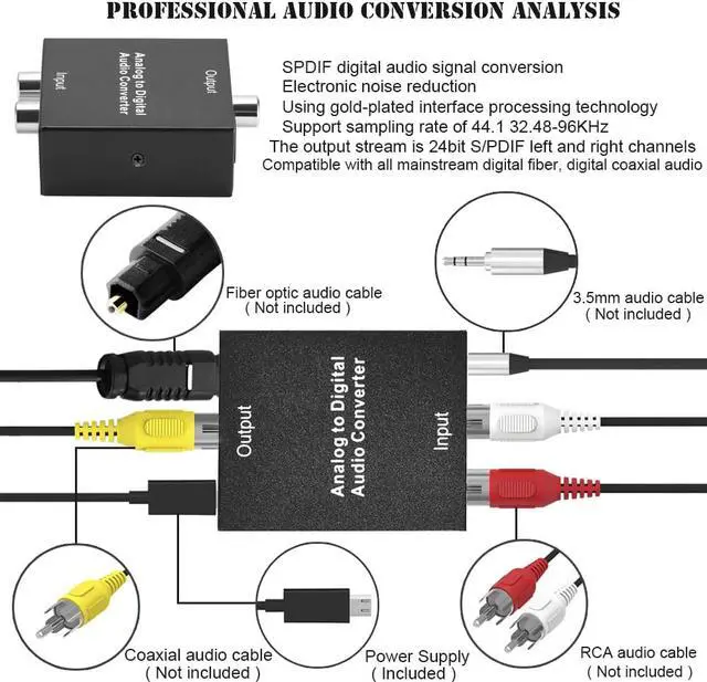 Alt view image 4 of 6 - 3.5mm Analog To Digital Audio Converter Adapter with Power cable SPDIF Coaxial L/R RCA&Optical Toslink Audio Converter for TV PC