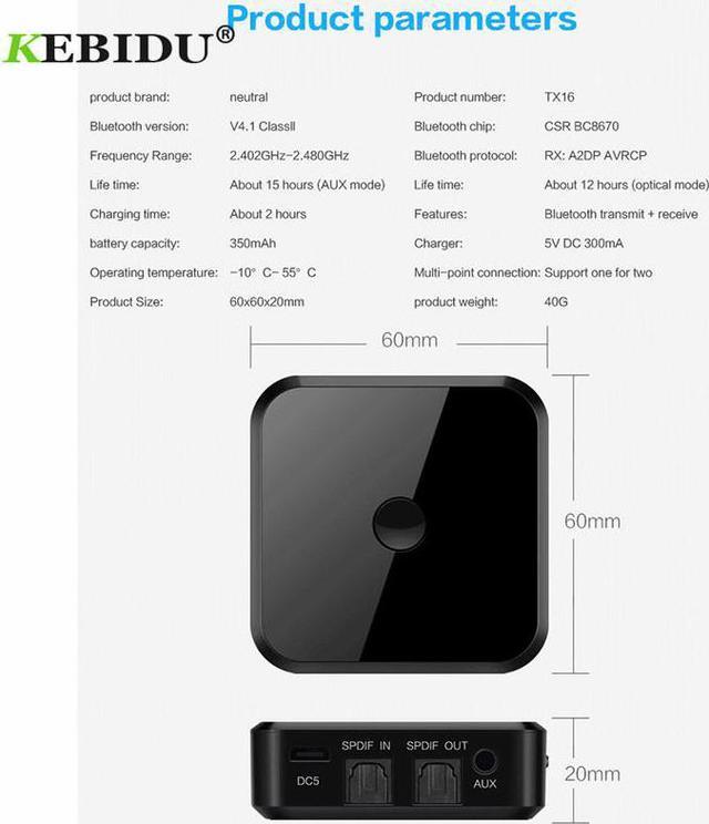 Alt view image 6 of 6 - KEBIDU TX16 Bluetooth Transmitter Receiver  3.5mm Aptx Wireless Stereo Adapter HIFI With Optical Toslink/SPDIF for Speaker TV