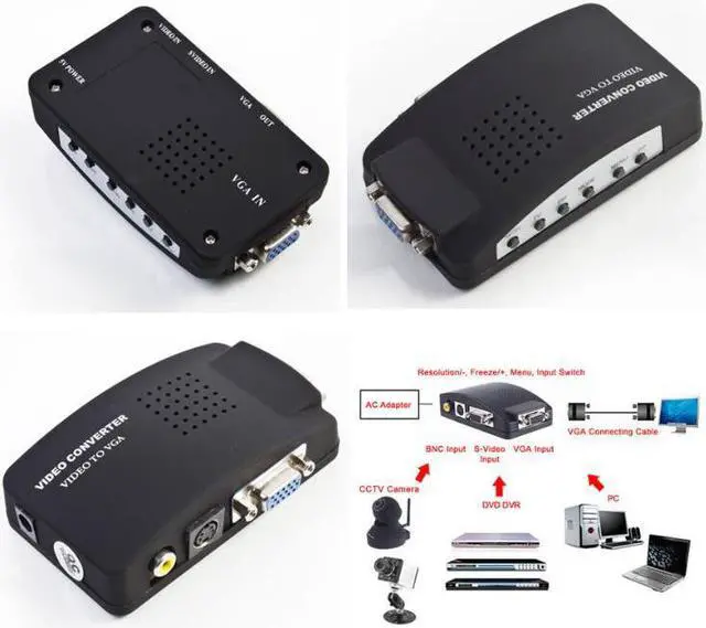 Alt view image 2 of 2 - Black Video To VGA PC laptop Composite Video AV S-Video RCA to PC Laptop VGA TV Converter adapter switch box AVC1802S-1