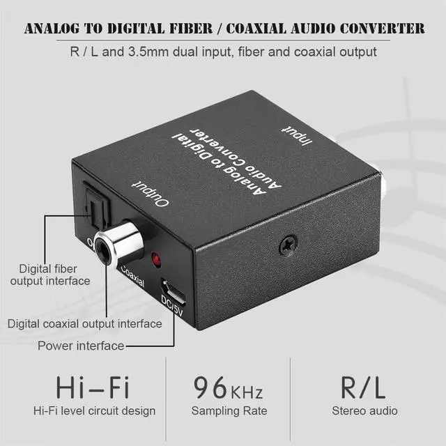Alt view image 3 of 6 - 3.5mm Analog To Digital Audio Converter Adapter with Power cable SPDIF Coaxial L/R RCA&Optical Toslink Audio Converter for TV PC