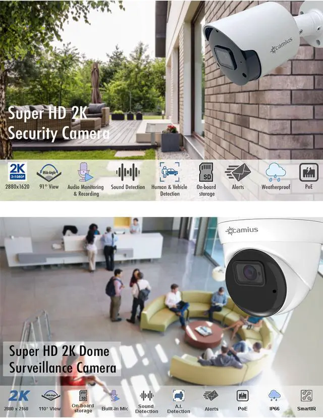 Alt view image 5 of 7 - Camius 8 2K PoE Wired IP Security Surveillance Cameras with 4K 16 Channel PoE NVR, 4TB HDD, Audio Recording, Smart Motion, Sound, Human, Vehicle Detection (expandable storage)