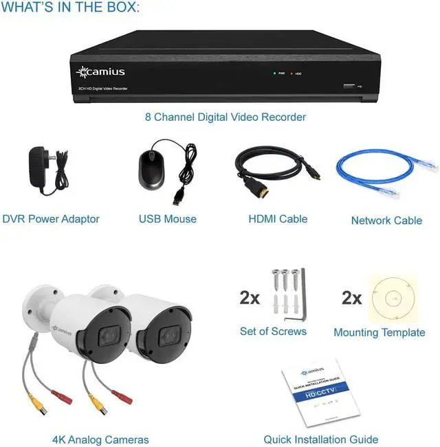 Alt view image 2 of 7 - Camius 4K 8 Channel DVR Kit with hard drive 3TB, 2 pcs 4K Analog BNC security cameras, HDMI, Spot-out, PC, Mac, Phone remote access (expandable to 8 analog + 4IP cameras)