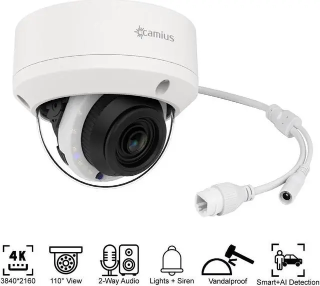 Main image of Camius 4K PoE Dome Camera, Vandalproof, 110° Wide Angle, 2 Way Audio, Active Deterrent White, Red, Blue Lights & Siren - for Camius 4K NVR, Hybrid XVR (DVR) I PC, Mac, Browser, App view - GURADVR4K