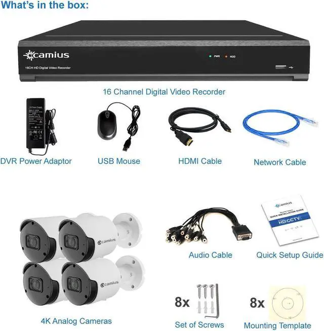 Alt view image 3 of 7 - Camius 4K Hybrid 16 Channel DVR  System with 4TB Hard Drive,  4pcs Analog 4K BNC Security Cameras, Night vision, PC, Mac, Phone app remote access (2SATA, 1 eSATA, HDMI, Spot-out, add 16 analog + 8 IP)
