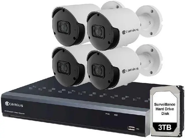 Main image of Camius 128 Mbps 8 Channel NVR with Four 2K Outdoor PoE Security Cameras I Audio, Motion, Sound, Pedestrian, Vehicle Detection, PC, Mac, Web Browser, CAMIUS VIEW phone app