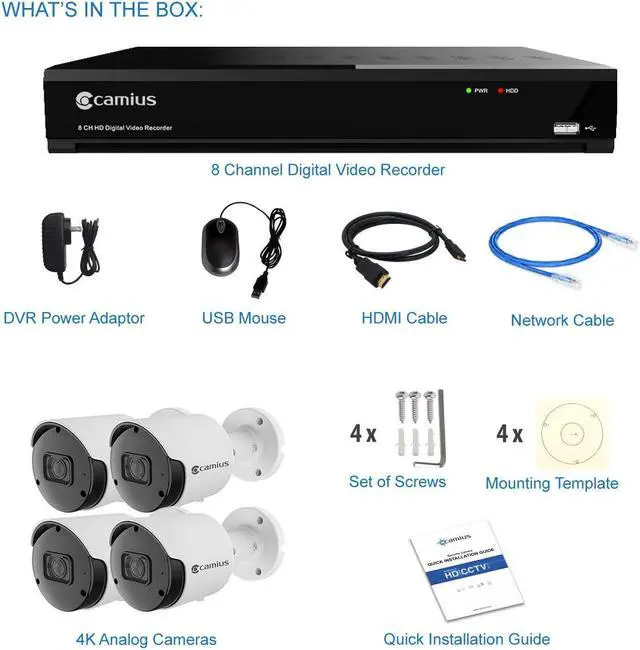 Alt view image 2 of 7 - Camius 4 x 4K Analog Security Cameras with Hybrid 8 Channel DVR Recorder with 4TB Hard drive, can add up to 12 channels (8 BNC+4 IP), Smart, Human, Vehicle Detection,PC, Mac, Browser, Phone compatible