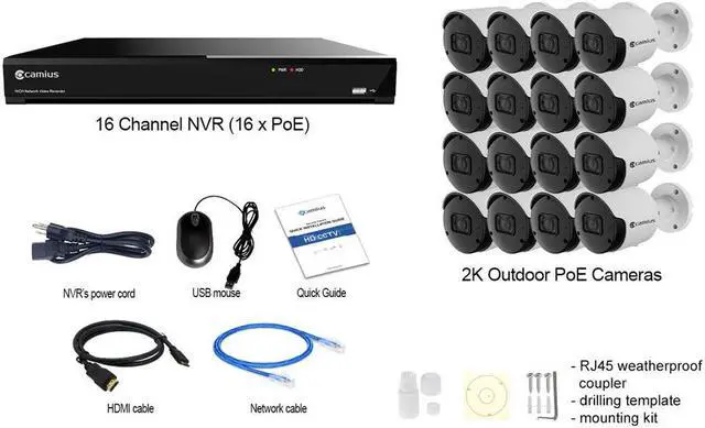 Alt view image 2 of 7 - Camius 4K PoE 16 Channel NVR Security Camera System with 4TB HDD, 16 x 2K Outdoor Cameras w/ Audio, Motion, Sound, Human, Vehicle Detection, 2 HDMI outputs, 2SATA, eSATA, PC, Mac, Browser, Phone view
