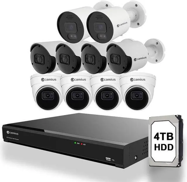 Main image of Camius 16 Channel NVR system with 4TB HDD, 2 x 2 Way 4K Security Cameras with lights, siren, 8 x 2K PoE Cameras with audio recording, Night Vision, iPhone, iPhone, iPad, Android, PC, Mac compatible